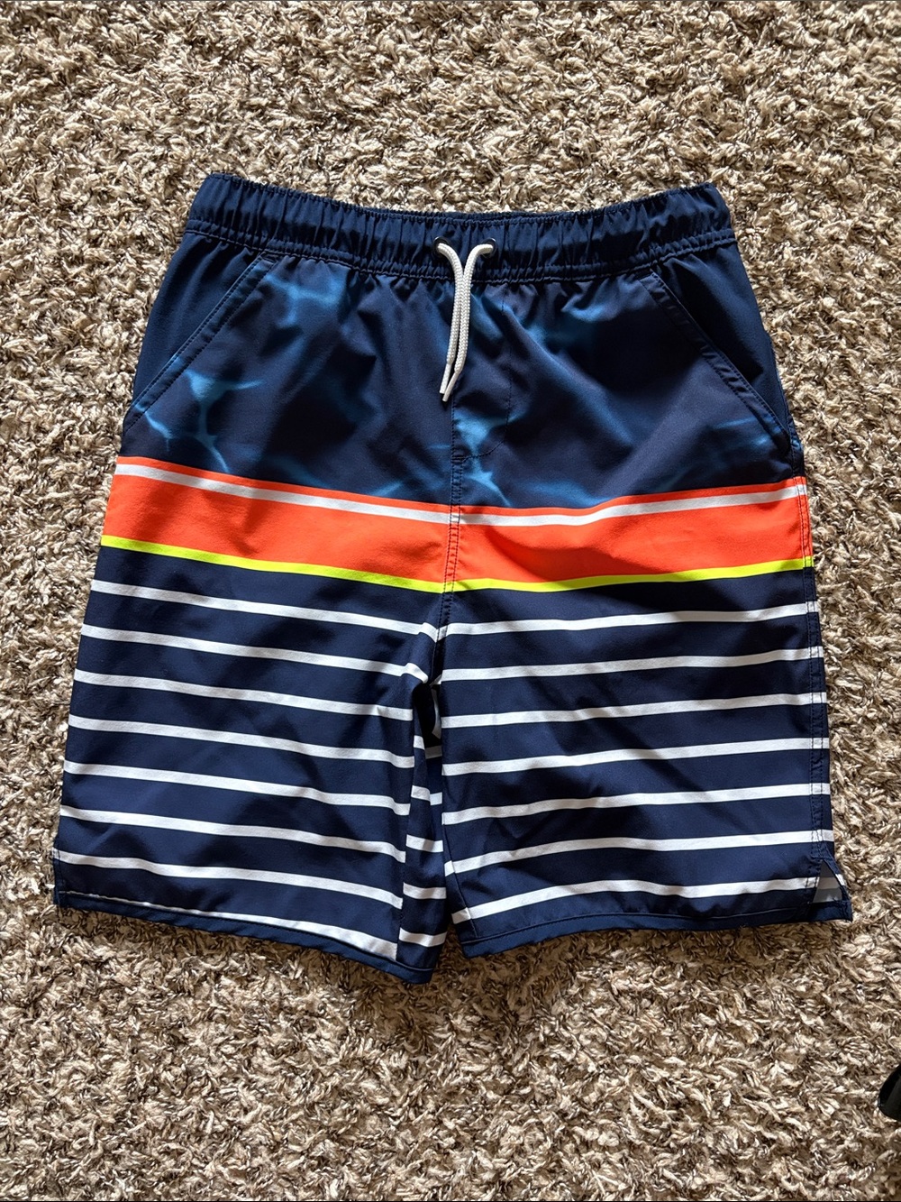 Boys Lands End Navy Stripe Swim Trunks with Orange Accent